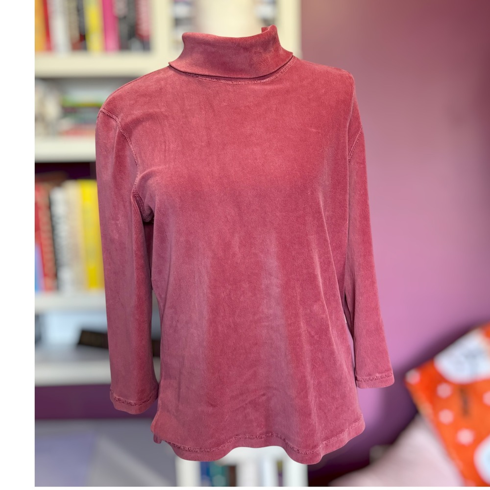 J. Jill Stretch Corduroy Cowl Neck Top Size M Pink Ribbed Long Sleeve Pullover